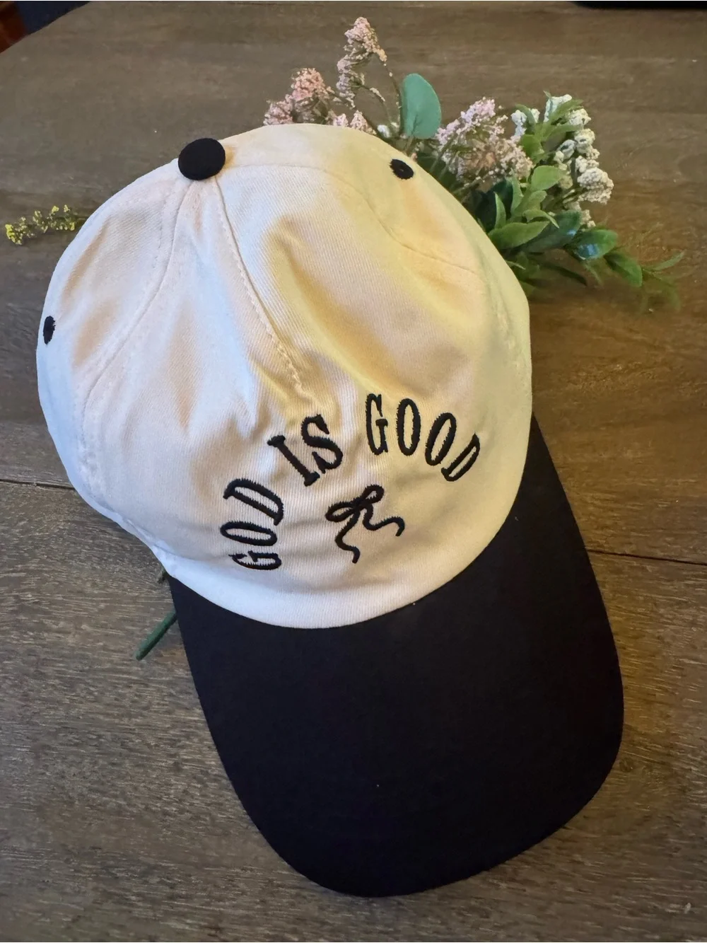 God Is Good Embroidered Baseball Cap - Cream &. Black  New